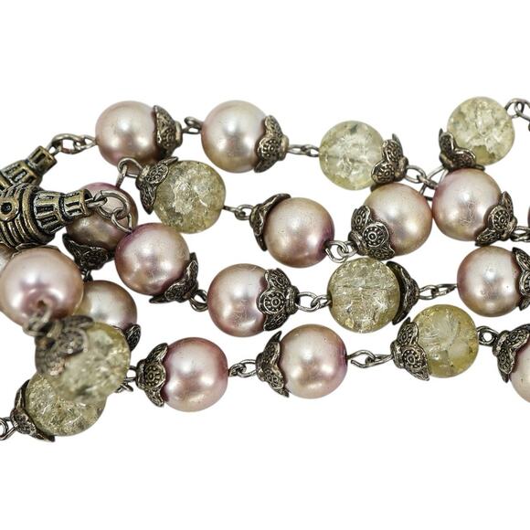 Vintage Large Display Ceremonial Ornate Rosary Faux Pearl & Crackle Glass Beads - Picture 3 of 10